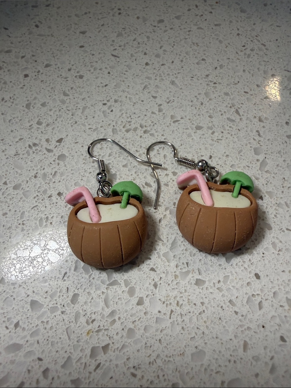 Coconut Drink Dangle Earrings with Pink Straw